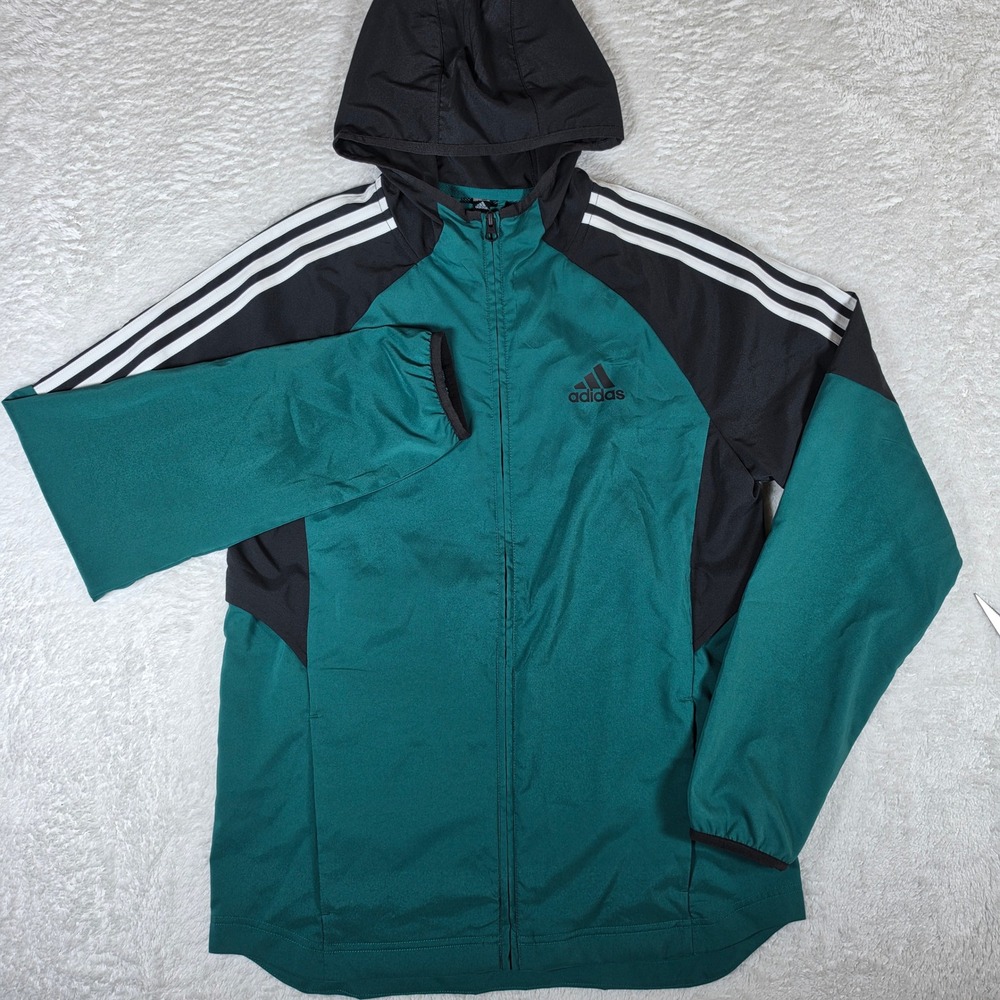 NEW Adidas DT4644 Windbreaker Mens S Green Black L/S Hooded Mesh Lined Zip Up